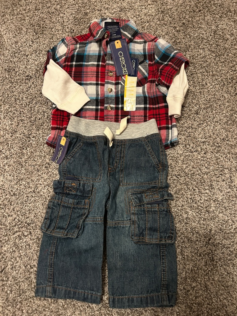 Cherokee Red Plaid Shirt with Blue Denim Cargo Jeans